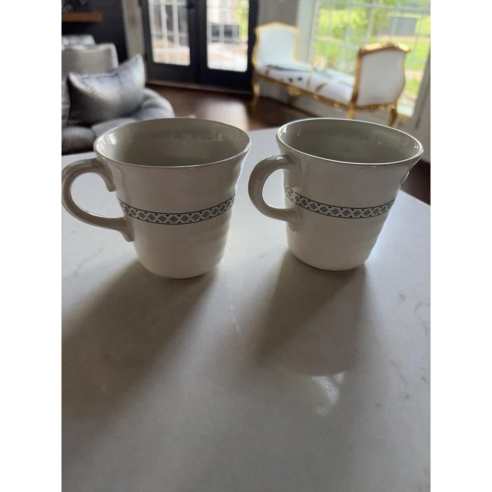VTG 90s/2000s IKEA Coffee‎ Mugs Set of 2 White Green Geometric Band Ceramic Cups